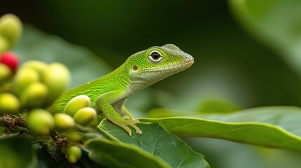 Fototapeta premium Vibrant Green Lizard on Fresh Coffee Plant Leaves