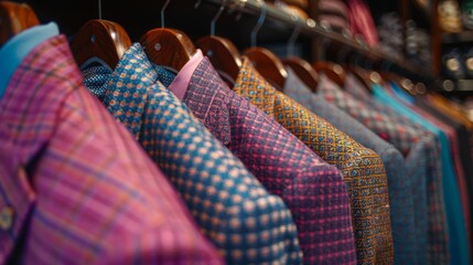 A stunning array of colorful jackets is neatly arranged on wooden hangers, highlighting intricate patterns and fine fabrics that catch the eye. The atmosphere feels both sophisticated and inviting