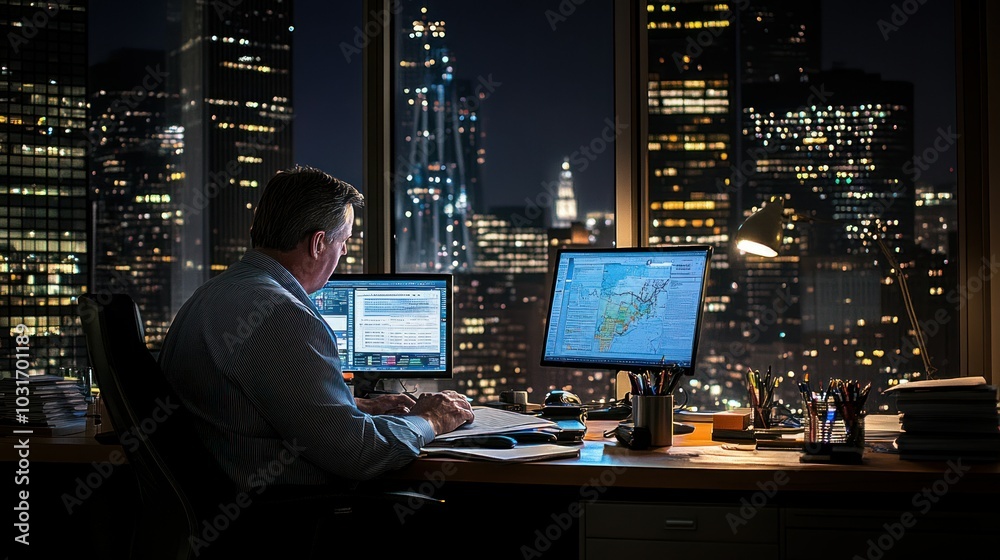 Poster man working late at night in an office with city view