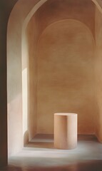 16. A softly lit alcove with a simple pedestal