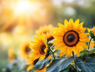 Fototapeta premium A field of sunflowers basking in warm sunlight, symbolizing joy, positivity, and the beauty of nature.