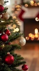 Christmas Tree With Baubles And Blurred Shiny Lights, Christmas Background, New Year's eve