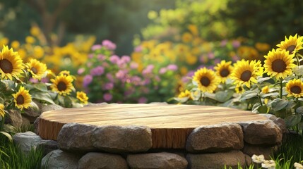 A serene garden scene featuring a stone platform surrounded by vibrant flowers.