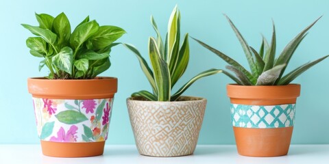 Obraz premium Vibrant Potted Indoor Plants on Pastel Blue Background