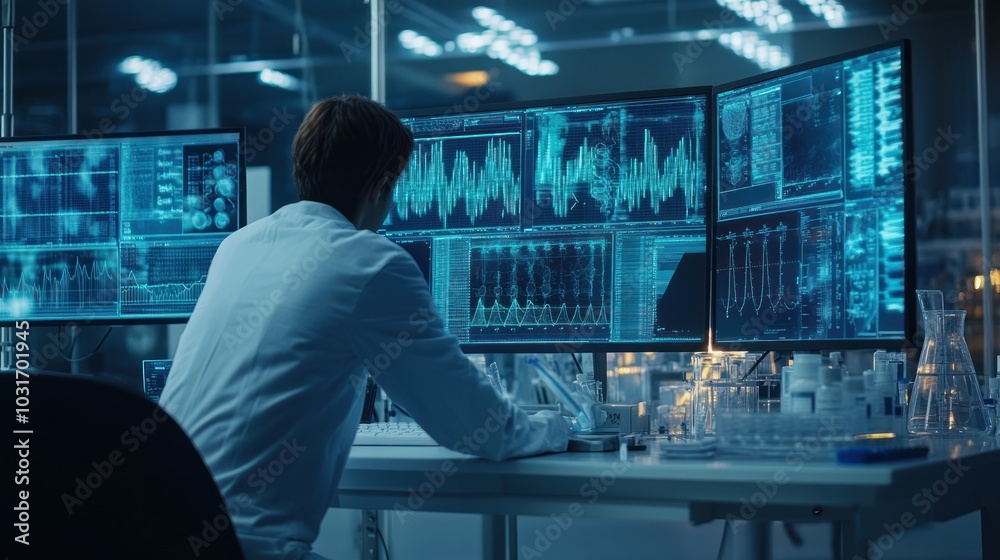 Aufkleber scientist working with data and chemicals in a laboratory