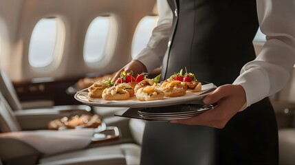 Elegant Private Jet Cabin Attendant Serving Gourmet to Passenger Luxury Aviation Travel and Hospitality Concept