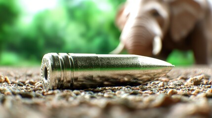 Bullet Shell on Ground with Blurred Elephant in Background