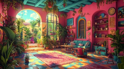 Vibrant Tropical Living Room Interior Design with Patio View