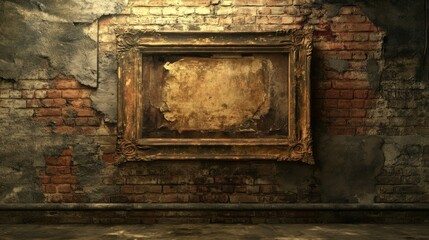 A Weathered Ornate Frame on a Cracked Brick Wall