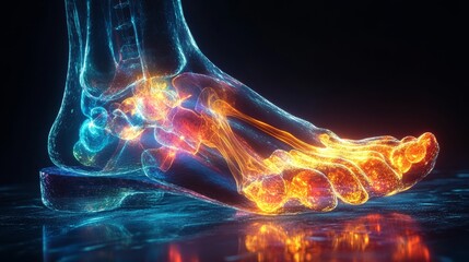 Abstract Human Foot Anatomy with Glowing Bones