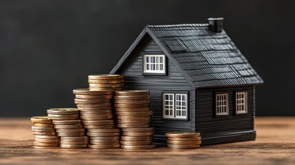 House Model with Stacks of Gold Coins  Real Estate Investment  Home Ownership  Financial G