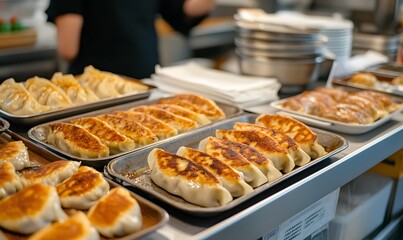  tray of gyoza in a restaurant or kitchen environment, Generative AI