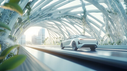 Obraz premium An electric car driving across a futuristic bridge made of sustainable materials.