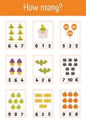 Worksheet for preschool kids. Halloween educational activities. Preschool math. Learning counting for kids, elementary math educational games. Halloween teacher resources. Preschool homeschool.