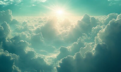 Sunlight shines through puffy clouds.