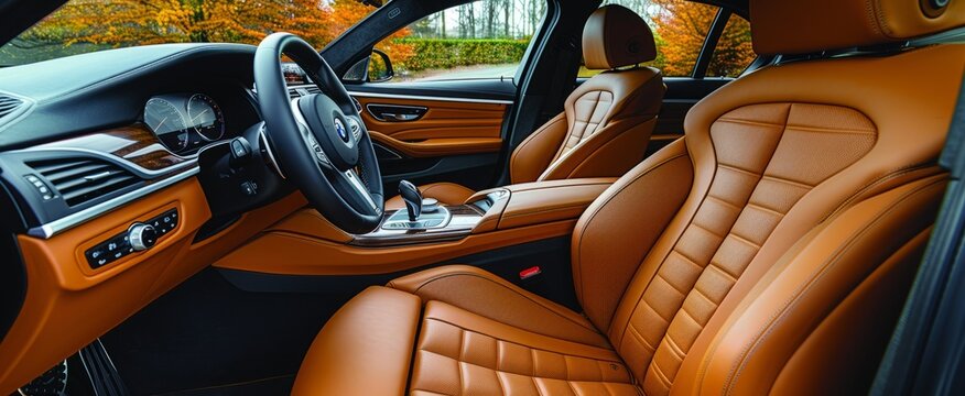 The luxurious interior features rich, tan leather seats and a sleek dashboard, all set against the warm hues of autumn foliage outside the window
