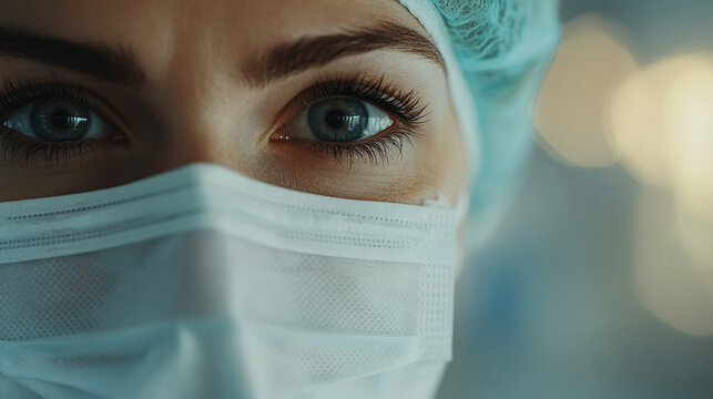 Close-up of a medical professional wearing a mask and surgical cap in surgery.
