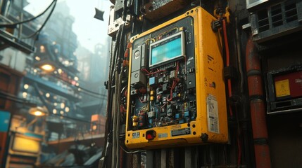 Cyberpunk Cityscape with Futuristic Tech Panel and Wires