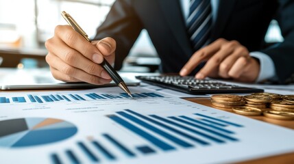 Businessman Analyzing Financial Charts and Coins