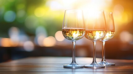 Three Glasses of White Wine on Wooden Table with Sunlight Bokeh Background