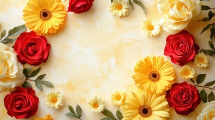 A floral arrangement featuring red and yellow flowers on a textured background.