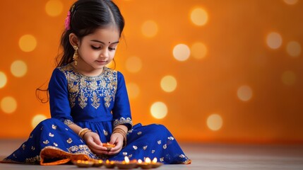 Portrait of a young cute Indian kid girl in a festive royal blue anarkali, sitting with folded legs and arranging diyas on the floor, with a soft orange glowing backdrop, Indian traditional Diwali