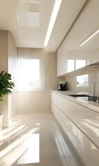 150. A bright, minimalist kitchen with an empty countertop