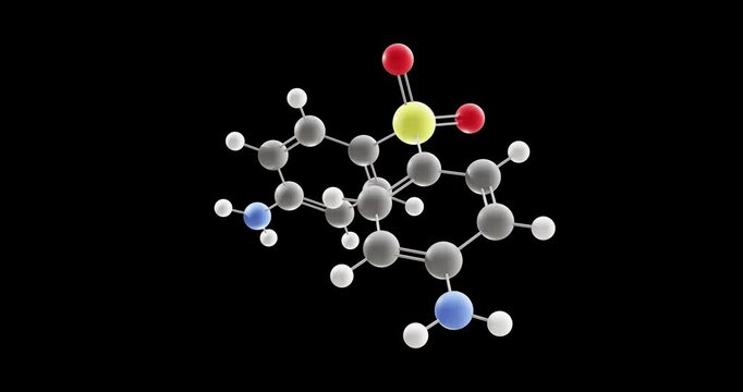 Dapsone molecule, rotating 3D model of antimycobacterials, looped video on a black background