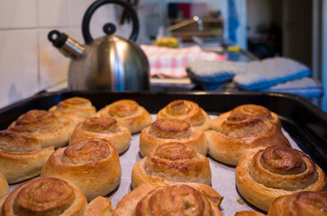 Freshly baked buns rolls on a baking sheet on baking paper, Swedish traditional pastry kanelbulle, Selective focus photo with teapot on kitchen table blurred on background