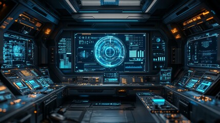 Obraz premium Futuristic Spaceship Interior with Control Panel and Monitors
