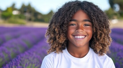 Fototapeta premium Happy Girl in Lavender Field Portrait Smiling Child Summer Nature