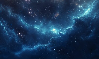 Stars and nebulae in a dark blue sky.