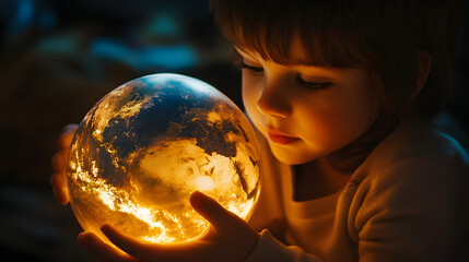 Naklejka premium A child holding a glowing model of the Earth while imagining traveling to different planets.