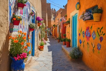 Colorful alleyway adorned with vibrant flowers and painted walls, showcasing local culture.