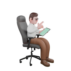 3D Illustration of Professional Male Sociologist. A male sociologist is sitting on a chair while operating a tablet while giving a finger gun symbol. Male Professional