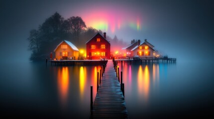Obraz premium Serene lakeside houses illuminated by colorful northern lights.