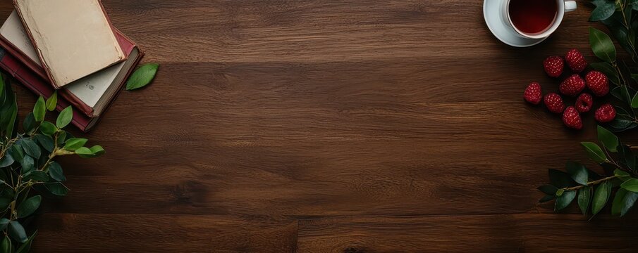 Wood table adorned with vintage books and a charming tea set, featuring space for personalized text on the right.