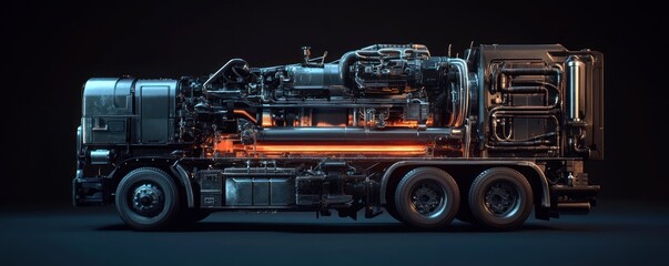 Fototapeta premium Detailed Side View of Futuristic Engine on Industrial Vehicle with Complex Machinery