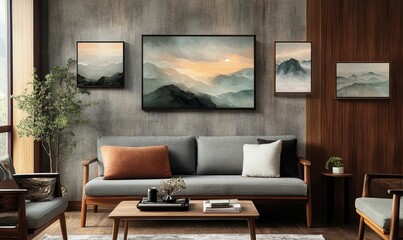 Modern living room with mountain artwork.