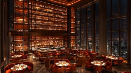 Luxurious Restaurant with City View  Modern Interior Design  Rooftop Bar  Nighttime  Citys