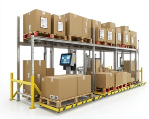 Automated packaging machines in a warehouse, scanning and tracking products as they are prepared for shipping, packaging automation, inventory tracking in shipping