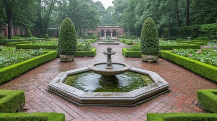 Obraz premium Ornamental Garden with Stone Fountain and Brick Pathway
