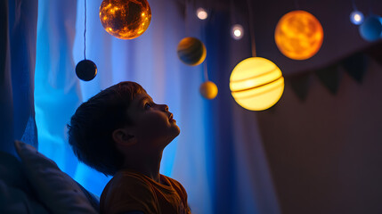 A child looking at a glowing model of the solar system hanging from their bedroom ceiling.