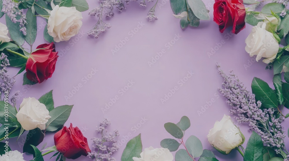 Sticker A floral arrangement featuring red and white roses, lavender, and greenery on a purple background.