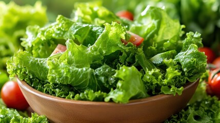 Close-up of Fresh Green Lettuce in a Wooden Bowl