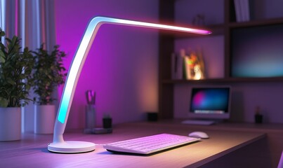 White desk lamp and keyboard on a wooden desk.