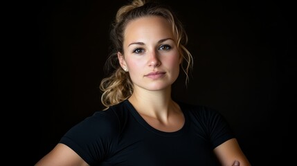  A woman in a black shirt poses seriously, crossing her arms for the photograph