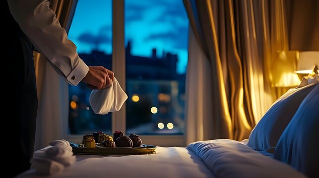 Luxury Hotel Turndown Service with Elegant Chocolates and Stunning Night View
