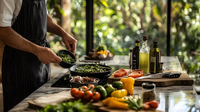 Gourmet Chef Preparing Exquisite Meal in Private Villa Kitchen with Fresh Local Ingredients
