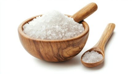 A wooden bowl filled with white sea salt, with a wooden spoon beside it, both containing a small amount of salt.